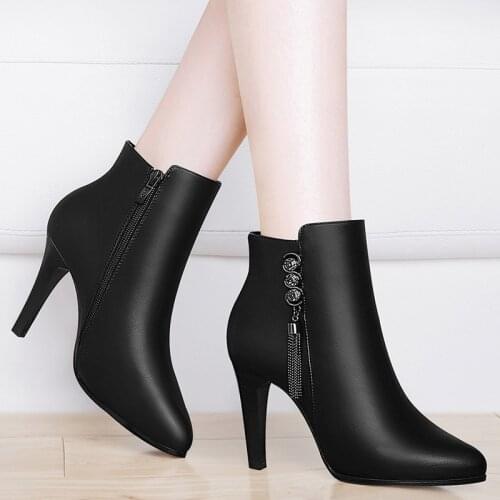 Pointed high-heeled ankle boots womens shoes for fall/winter spring 2020 new autumn winter leather platform tassels Thin Heels