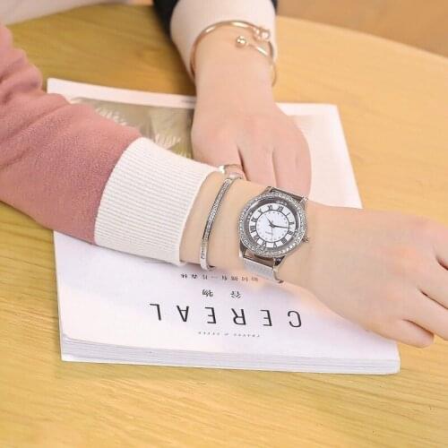 Dropshipping Women Rhinestone Watch Fashion Casual Women Silver & Rose Gold Mesh Wristwatches Gift Clock Relogio Feminino Hot