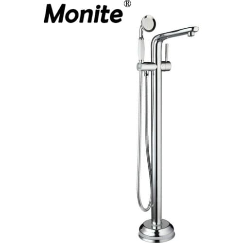Monite Solid Brass Bathroom Shower Set Chrome Bathtub Tap Stream Spout Floor Mount Free Stand Tub Shower Mixer Faucet