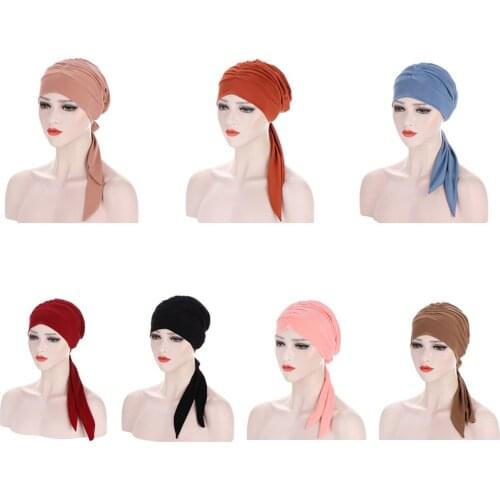 Women Muslim Hijab Cancer Chemo Solid Clor Hat Turban Cap Cover Hair Loss Head Scarf Wrap Pre-Tied Headwear Strech Bandanas New