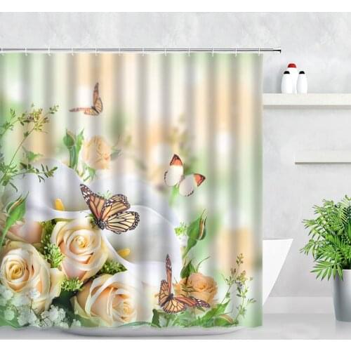 Spring Floral Shower Curtains Yellow Rose Lily Flowers Butterfly Rural Scenery Modern Decor Bathtub Screens Bathroom Curtain Set