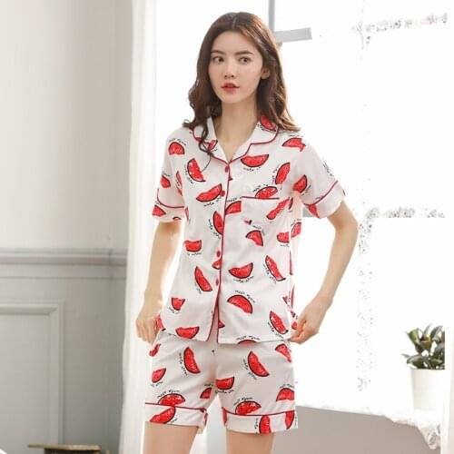 Women cotton pajamas new 2019 short sleeve shorts summer casual lapel cute cardigan thin suit pajama sets pajama set