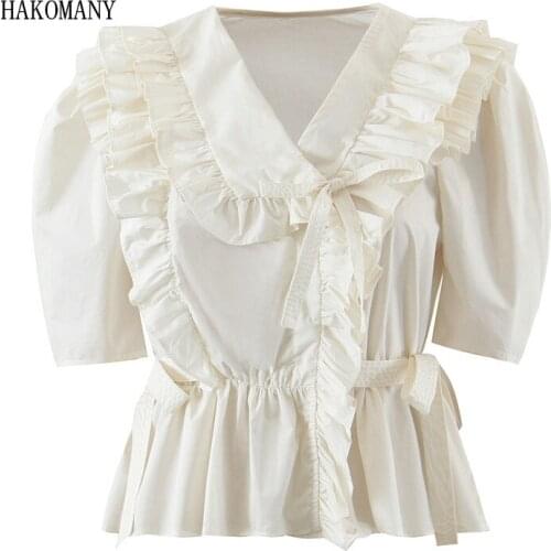 Women Short Puff Sleeve Slim Waist Blouses Tops 2021 Palace Girl Vintage Cascade Ruffles Lapel Tie Bow Wrap Shirt