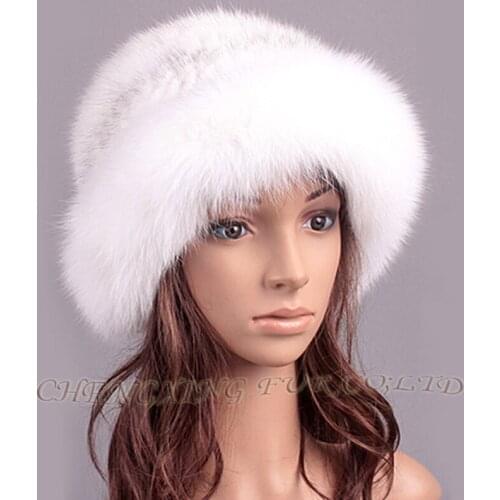 CX-C-209C Fox Fur Trim Winter Warm Women Fashion Knitted Mink Fur Cap