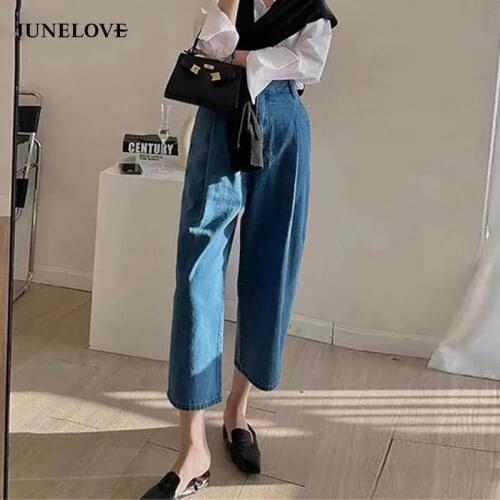 JuneLove New Women Summer Jeans High Waist Loose Denim Wide Leg Pants Casual Banana Trousers Vintage Korean Ankle Length Pants