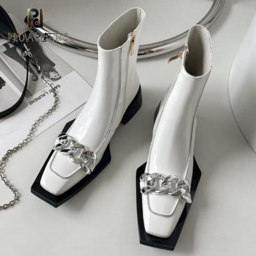 Metal Chain Short Boots Womens Autumn New Style Full Cowhide Retro Square Toe Mid-heel Womens Single Boots Fashion Boots