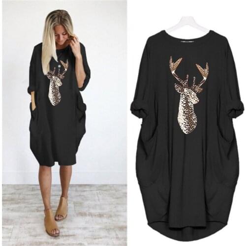 Large Size Women Casual Dresses Fashion O Neck Long Sleeve Chrismess Elk Printed Pocket Autumn Winter Loose T-shirt Dress Female