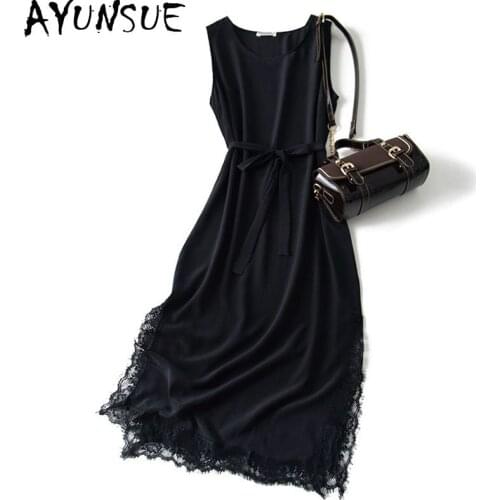 AYUNSUE Real Silk Dress Women Summer Black Office Lace Dress Female Elegant Vintage Dresses Midi Sleeveless Vestidos 2021 KJ6566