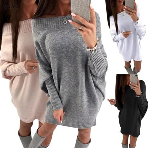 Womens Off-shoulder Knitted Dress Lady Long Sleeve Casual Party Short Mini Dress