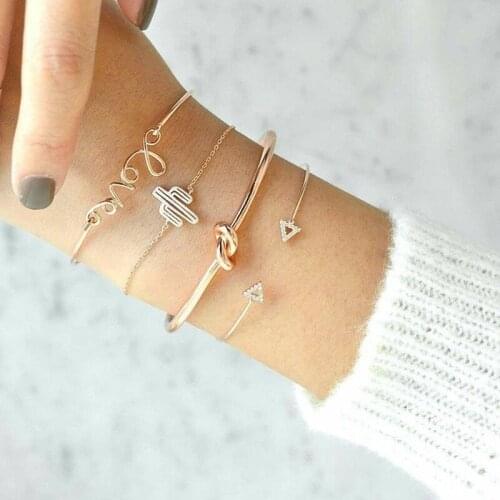 4pcs Elegant Gold Bangle Bracelet For Women Teen Girls Love Letter Charm Cactus Bracelet Knot Cuff Bangle Fashion Jewelry Gifts