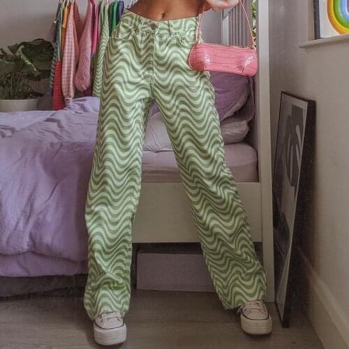 Ripple Print Wide Leg Pants Woman Y2k Aesthetic High Waist Straight Green Long Pants Summer Fashion Streetwear Trousers Women