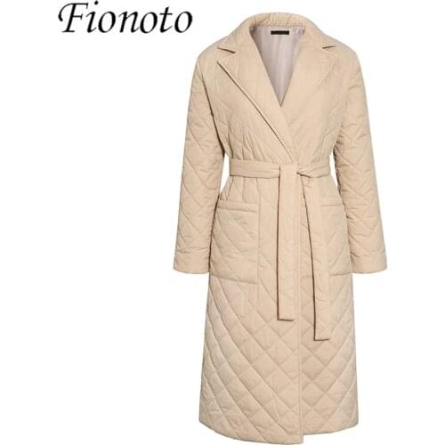 Fionoto Cotton Padded Long Winter Coat 2021 Female Casual Pocket Sash Women Parkas High Street Tailored Collar Stylish Overcoat