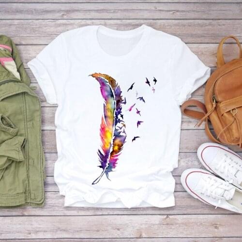 Women Watercolor Feather Bird Short Sleeve 90s Casual Print Lady T-shirts Top Womens Stylish T Shirt Ladies Sweet Tee T-Shirt