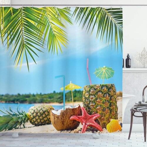 Blue Green Tropical Shower Curtain Fresh Summer Fruits Coconut and Pineapple Drinks at Exotic Beach Palm Trees Bathroom Curtain