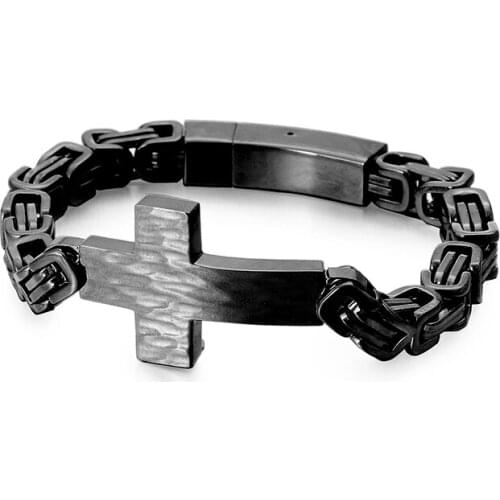 Classic Christian Cross Charm Bracelets For Men 21cm Stainless Steel Byzantine Chain Link Bracelet Armband Prayer Jewelry