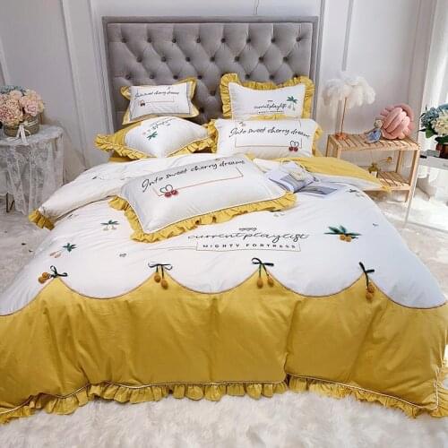 4/7 pcs Cherry knot Bedding Set long-staple cotton Bed Set Yellow white Duvet Cover Set Bed Sheet Pillowcases bed linen