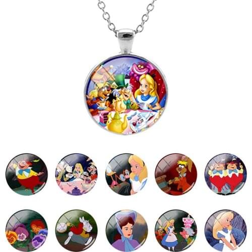 Disney Alice in Wonderland Glass Dome Pendant Long Chain Necklace Cartoon for Girl Cabochon Jewelry Birthday Present DSN510