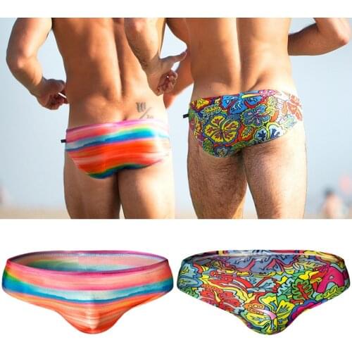 Printed Men Swimwear Swimsuit men Swimming Trunks Rainbow stripes Beachwear Sexy Briefs maillot de bain Shorts bathing suit