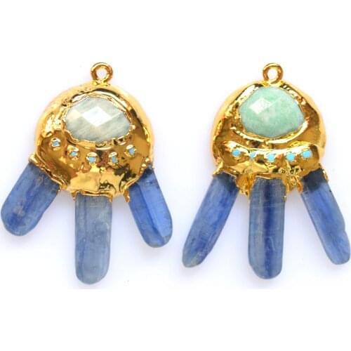 Raw Blue kyanite pendant with amazonite gold electroplated edges, kyanite jewelry finding
