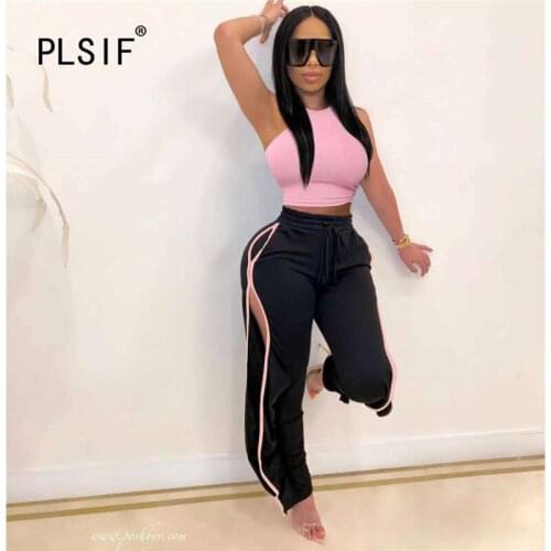 2020 new fashion pink sexy tight club party crop top and black pant 2 pieces set high street lady fashion tracksuits