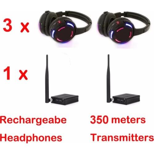 Professional 500m distance Silent Disco 3 LED Headphones with 1 transmitter- RF Wireless For iPod MP3 DJ music pary club meet