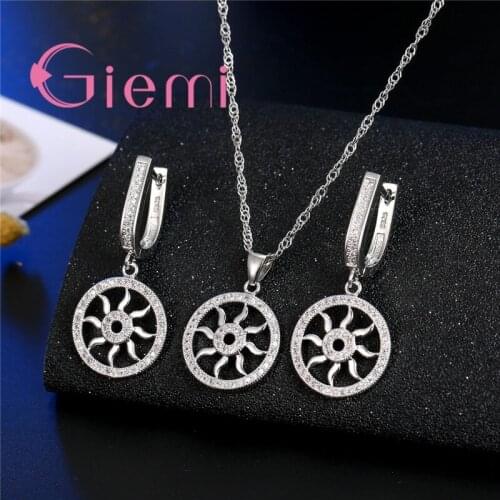 Sumptuous 925 Sterling Silver Cubic Zircon Wedding Jewelry Sets For Brides Round Drop Earrings +Necklace Pendant Crystal
