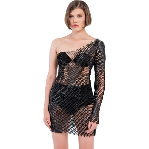 Sexi Women Fishnet Night Dress Hot Bodycon Clubwear Vestido One Shoulder Sexy Catsuit Erotic Transparent Midi Dresses mujer
