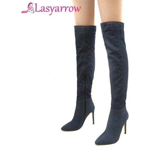 Lasyarrow Sexy Slim Over the Knee Boots Womens Thigh High Stiletto Boots Denim Pointy High Heel Zipper Long Botas Feminina F669