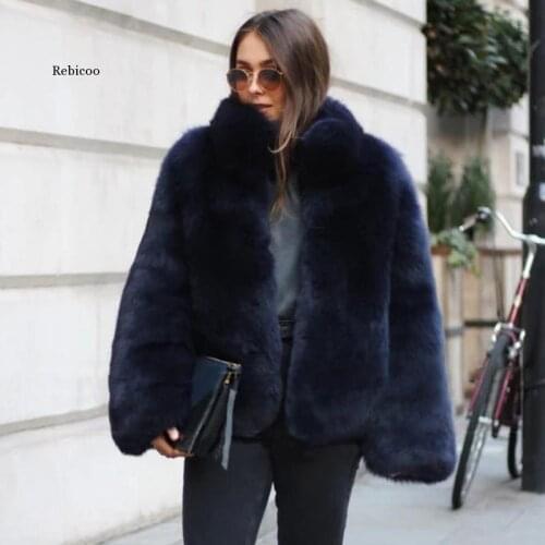 Fashion Stand Collar Women Fake Fox Fur Coats Thick Warm Fluffy Fur Full Pelt Blue Fox Fur Jacket Real Fur Overcoats Winter