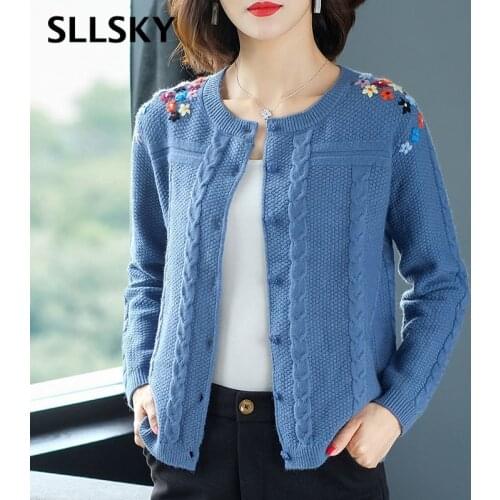 Sllsky Autumn Embroidery Sweater Cardigans Women Solid O-neck Casual Sweater Single Breasted Spring Loose Korean style Sweater