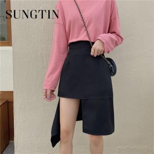 Sungtin High Waist Sexy Kirt Women Vintage Black Asymmetrical Solid Irregular Pink Casual Skirt Female Streetwear 2021 Korean