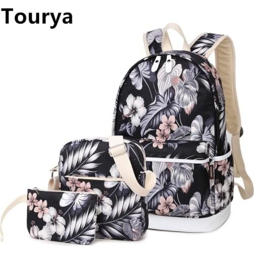 Tourya 3pcs/Set Backpack Women Flower Printing Backpacks School Bags Bookbag for Teenagers Girls Laptop Rucksack Travel Daypack