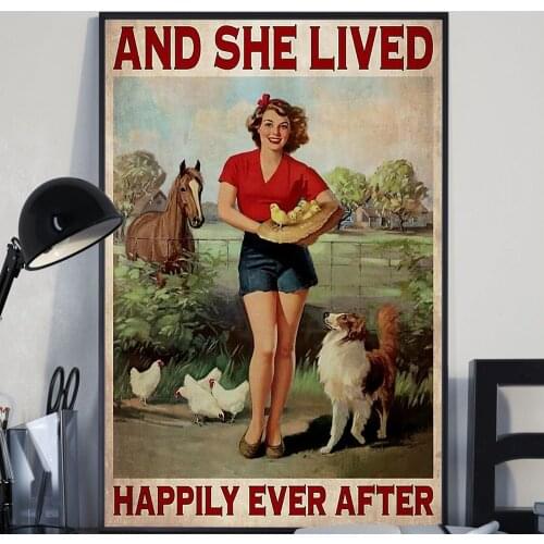 Vintage Farm Girl With Dog Chicken Horse Poster Print And She Lived Happily Ever After Quote Wall Art Canvas Pictures Home Decor