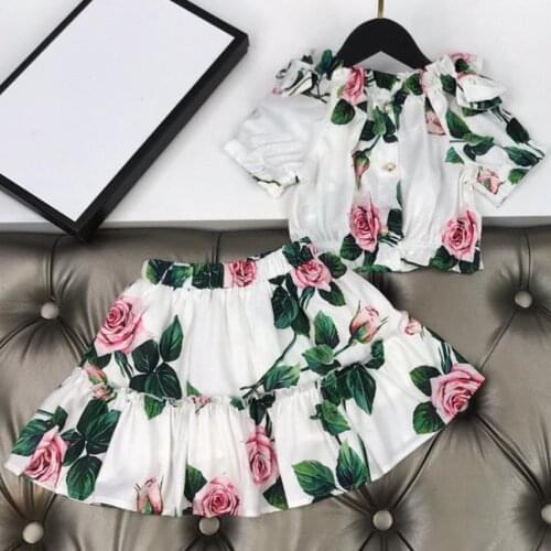 Baby girl vinatge printed short sleeve shirt+min skirt kids two piece sets