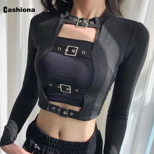 Cashiona Women Long Sleeve Gothic T shirt New Patchwork Lace-up Femme Top Trendy 2021 Spring Autumn T-shirt Sexy Femme Clothing
