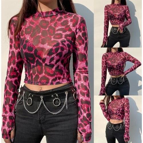 WomenS Sexy Leopard Print Mesh Print Slim Round Neck Long Sleeve T-Shirt Top Pink