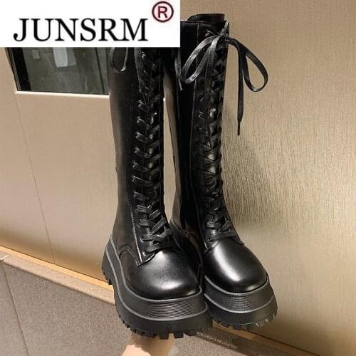 2021 New Black Long Tube Fashion Comfortable Casual Womens Boots Thick-soled Round Head Cross Straps Outdoor Women Martin Boots