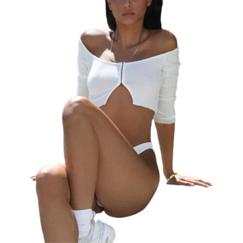 Women Summer Long-sleeved Cardigan Fashion Solid Color Boat Neckline Buckle Exposed Navel T-shirt