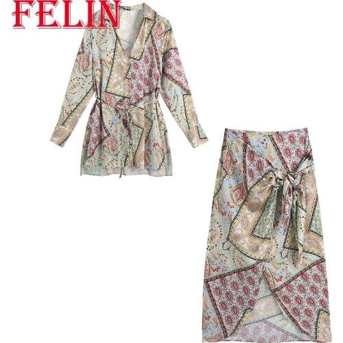 Women Chic Floral Boho Sets 2 Pieces Summer Oversized Long Sashes V Neck Shirts and High Waist Front Split Pleated Midi Skirts