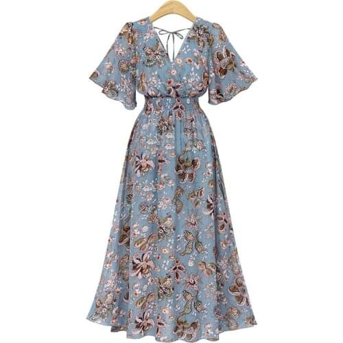 Womens Dress 2021 Fashion Boho Long Dress for Women V Neck Short Sleeve Floral Print Belt Large Hem Beach Long Dress Elegant