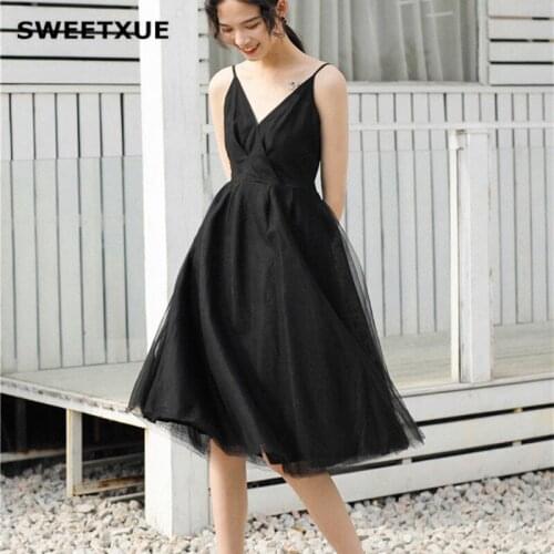 SWEETXUE Sexy V Neck Beach Holiday Dress 2019 Summer Women Black Spaghetti With Mesh Stitching Open Back Casual Party Dresses
