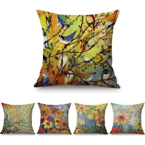 18" Oil Painting Art Spring Garden Birds Sunflower Wild Flowers Sofa Throw Pillow Case Cotton Linen Car Decorative Cushion Cover