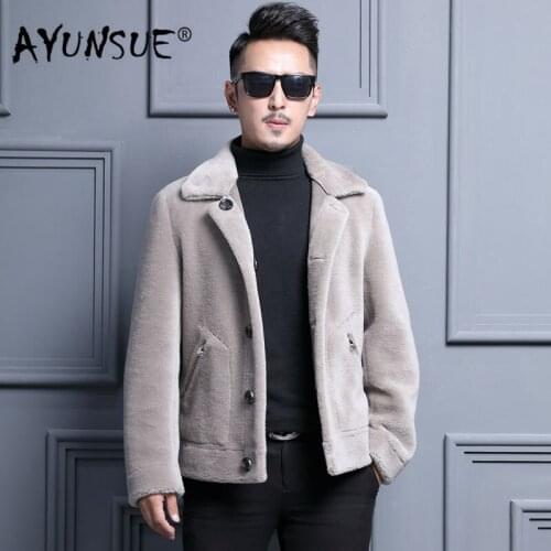 AYUNSUE Mens Fur Coat Winter Sheep Shearling Real Wool Coat Short Leather Jacket Men Overcoat Korean Erkek Mont LM-182088 YY273