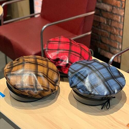 New Fashion Faux Leather Tartan Check Beret Women Hat Girl Printed Plain Flat Top Winter Hat French Style PU Beret Painter Hat