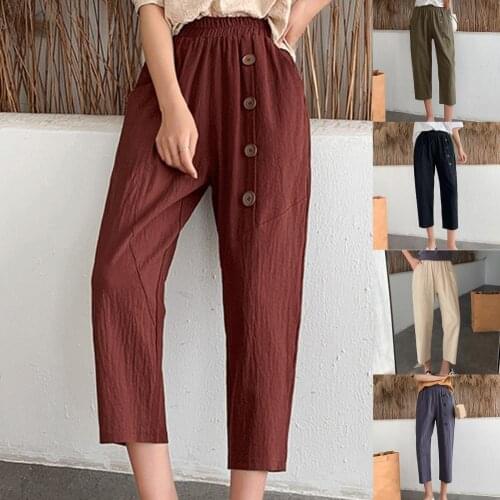 Women Spring Summer Pants Cropped Loose Summer Solid Color Buttons Slacks for Daily Wear Harem Trousers High Quality for Female