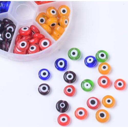 1 Box 6 Colors 10mm Mixed Color Handmade Flat Round Evil Eye Bead Lampwork Beads for Bracelet Necklace DIY Jewelry Making