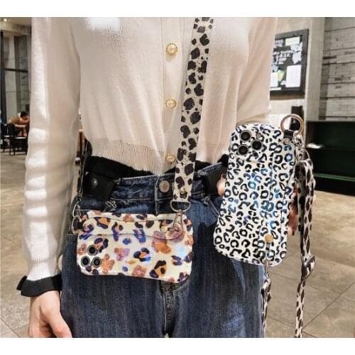 For iphone11 pro max case 12pro max 7 8 plus XS MAX SE2 12MINI X XR luxury leopard print holder stand Crossbody strap phone case