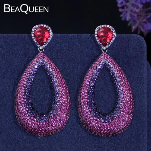 BeaQueen Exquisite Big Water Drop Long Earrings Paved Purple Red Full Cubic Zirconia Luxury Women Party Jewelry Accessories E278