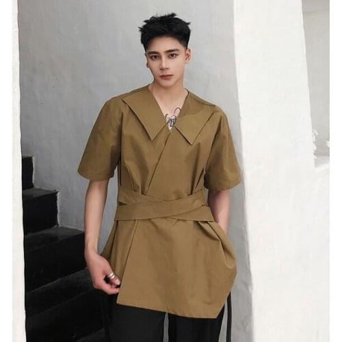 High quality Summer new medium long coffee three quarter sleeve fashion shirt Korean trend personality V-neck casual shirts