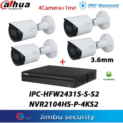 Dahua Kit 4MP ip camera 4PCS IPC-HFW2431S-S-S2 3.6mm cctv system support POE with Dahua cctv system 4CH NVR2104HS-P-4KS2